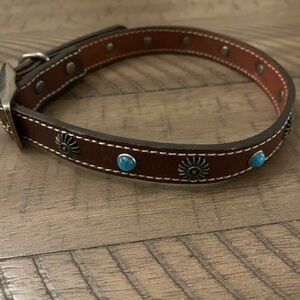 Turquoise Studded Brown Southwestern Leather Dog Collar 21”